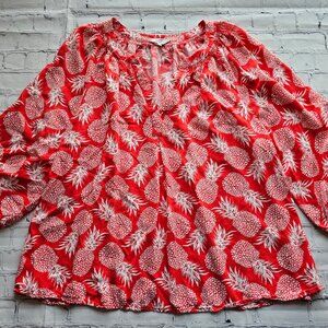 Crown & Ivy Red Pineapple Print Blouse XL Short Sleeve Peasant Top Summer Casual